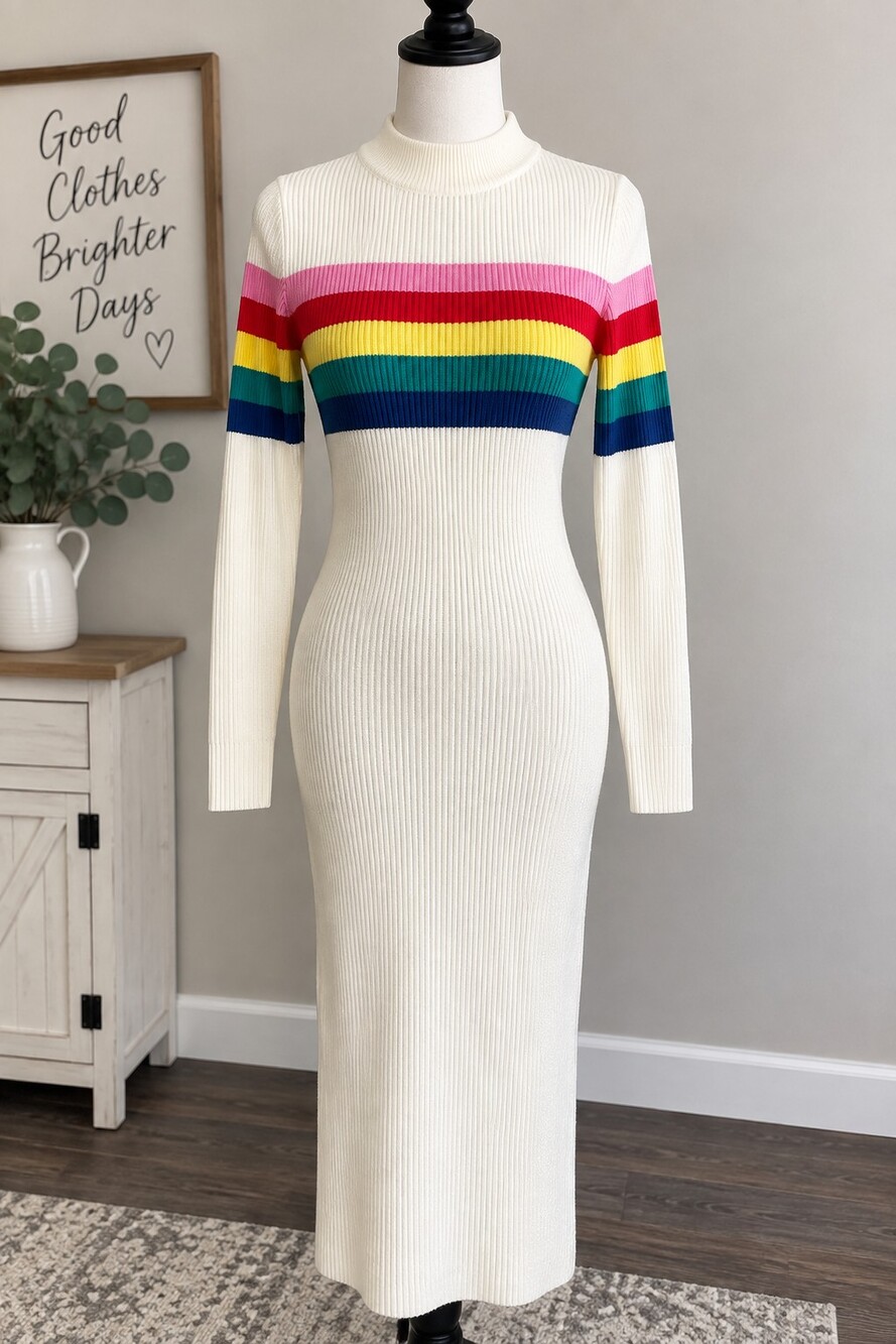 Noble U Rainbow Stripe Ribbed Sweater Dress Women’s L Ivory Retro 70s Mock Neck